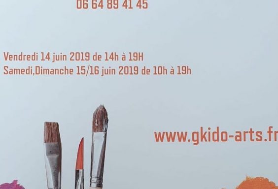 Affiche de l'exposition-vente du peintre Gérard Obadia à Senlis en juin 2019. Pinceaux et tâches de peintures.