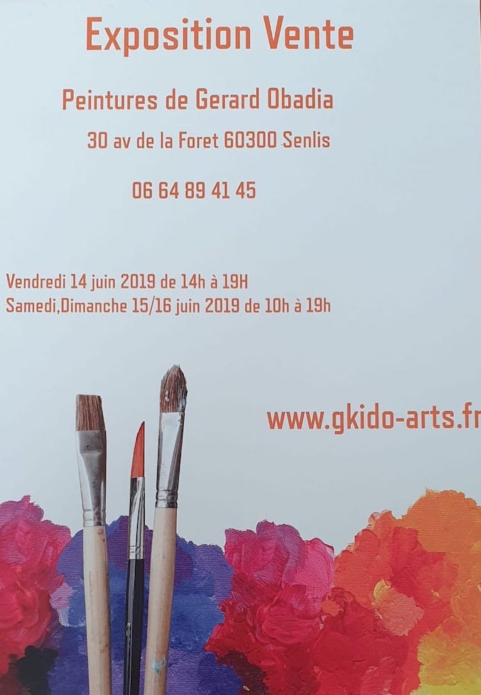 Affiche de l'exposition-vente du peintre Gérard Obadia à Senlis en juin 2019. Pinceaux et tâches de peintures.