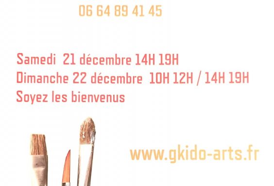 Pinceaux et tâches de couleur pour l'affiche de l'exposition-vente de Gérard Obadia à Senlis en décembre 2019